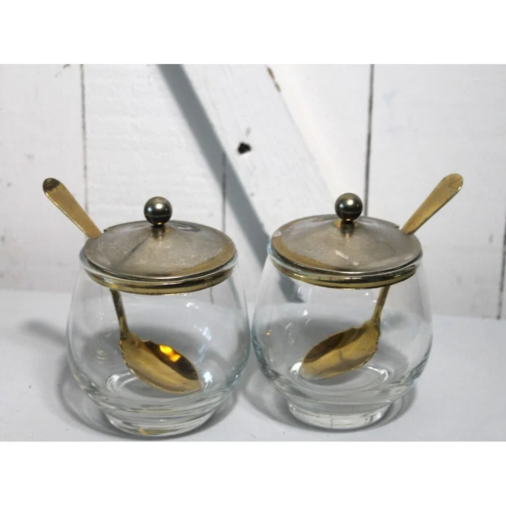 Mid Century Condiment Set Wire Rack Libby Glass Lid/Spoons, Jam, Relish Sauces